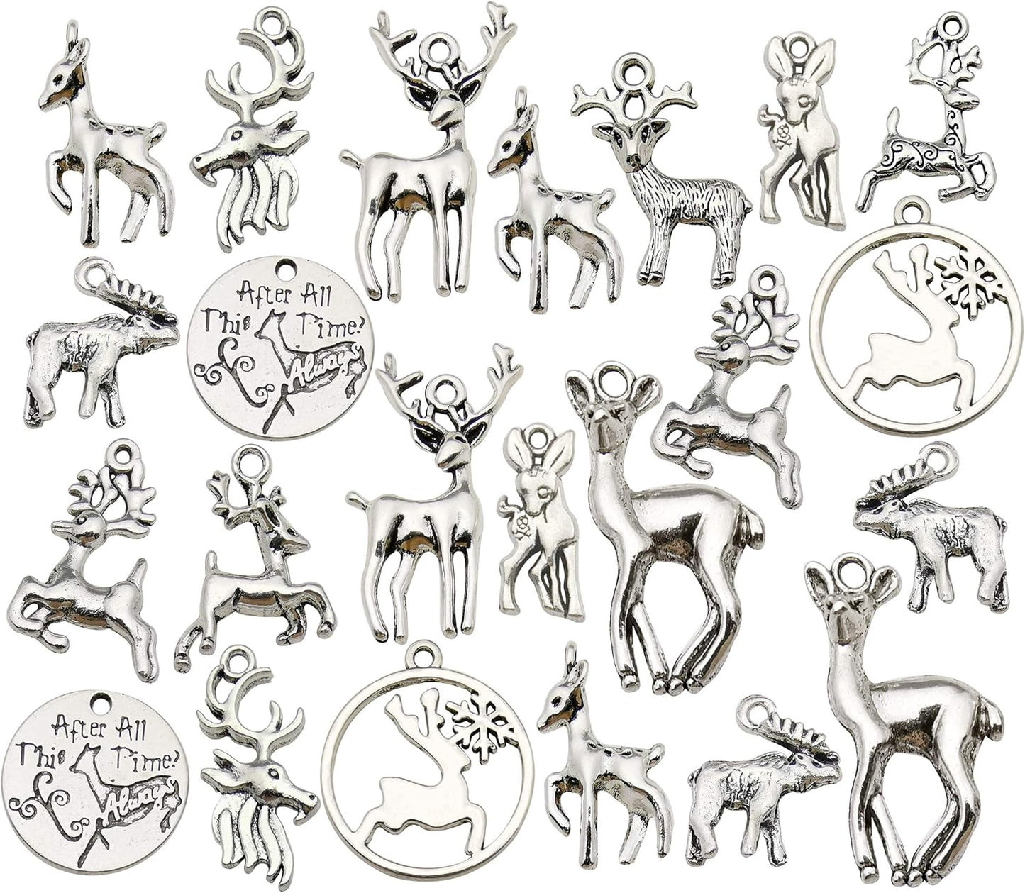 100G (60 Pieces) Wholesale Bulk Christmas Animal Elk and Deer Charms for Jewelry Making - Mixed Smooth Tibetan Silver Metal Pendants for DIY Necklaces, Bracelets, and Crafting (M366)