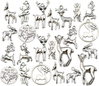 100G (60 Pieces) Wholesale Bulk Christmas Animal Elk and Deer Charms for Jewelry Making - Mixed Smooth Tibetan Silver Metal Pendants for DIY Necklaces, Bracelets, and Crafting (M366)