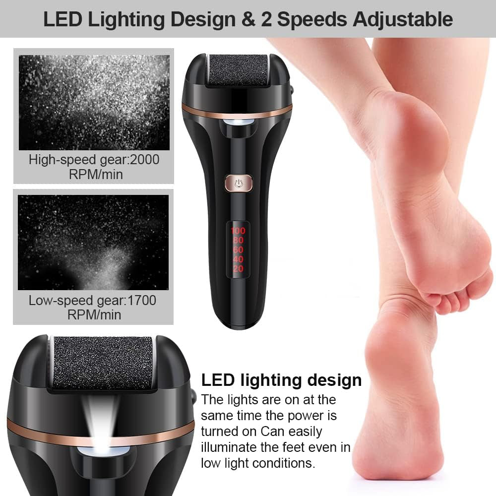Rechargeable Electric Foot File and Callus Remover Kit with Three Roller Heads and Dual Speed Settings for Effective Foot Care