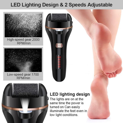 Rechargeable Electric Foot File and Callus Remover Kit with Three Roller Heads and Dual Speed Settings for Effective Foot Care