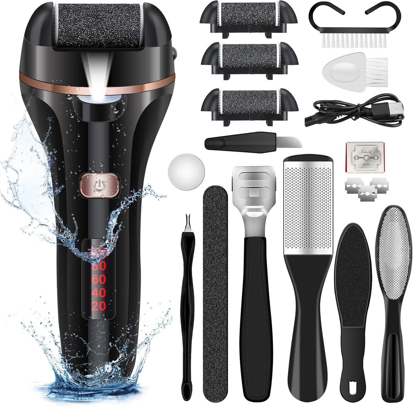 Rechargeable Electric Foot File and Callus Remover Kit with Three Roller Heads and Dual Speed Settings for Effective Foot Care