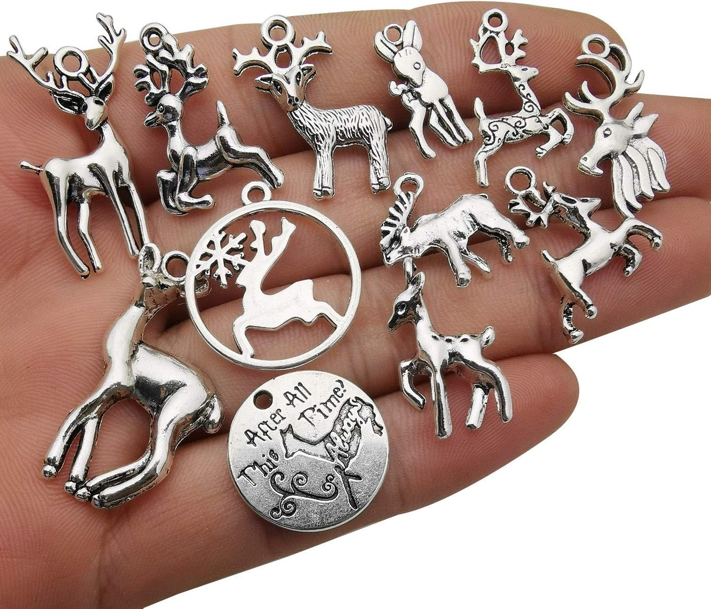100G (60 Pieces) Wholesale Bulk Christmas Animal Elk and Deer Charms for Jewelry Making - Mixed Smooth Tibetan Silver Metal Pendants for DIY Necklaces, Bracelets, and Crafting (M366)