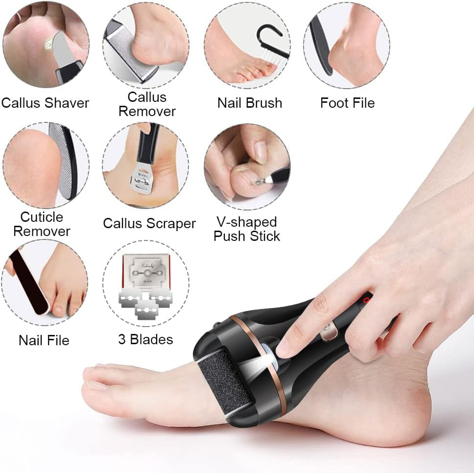 Rechargeable Electric Foot File and Callus Remover Kit with Three Roller Heads and Dual Speed Settings for Effective Foot Care