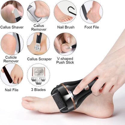 Rechargeable Electric Foot File and Callus Remover Kit with Three Roller Heads and Dual Speed Settings for Effective Foot Care