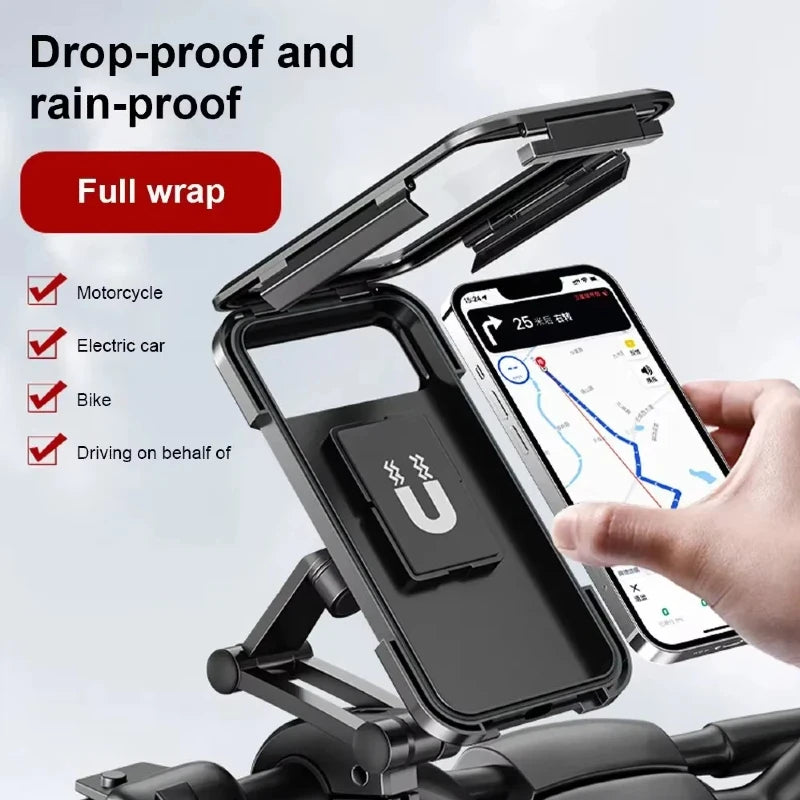 Waterproof Motorcycle Phone Holder with Magnetic Attachment and 360° Adjustable Stand for GPS Navigation