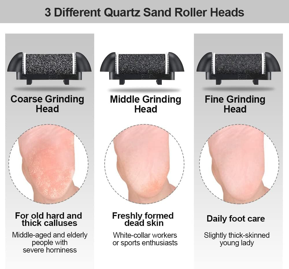 Rechargeable Electric Foot File and Callus Remover Kit with Three Roller Heads and Dual Speed Settings for Effective Foot Care