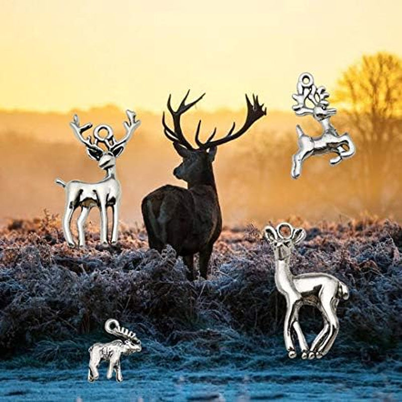 100G (60 Pieces) Wholesale Bulk Christmas Animal Elk and Deer Charms for Jewelry Making - Mixed Smooth Tibetan Silver Metal Pendants for DIY Necklaces, Bracelets, and Crafting (M366)