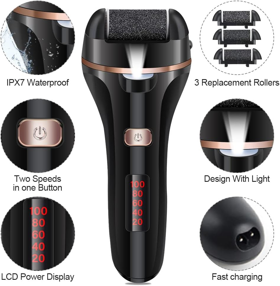 Rechargeable Electric Foot File and Callus Remover Kit with Three Roller Heads and Dual Speed Settings for Effective Foot Care