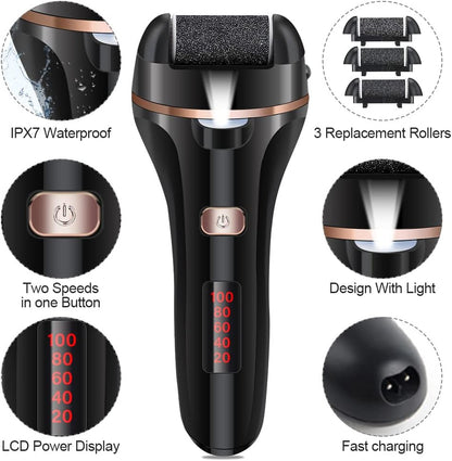 Rechargeable Electric Foot File and Callus Remover Kit with Three Roller Heads and Dual Speed Settings for Effective Foot Care