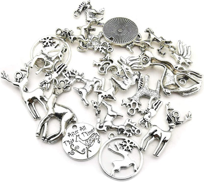 100G (60 Pieces) Wholesale Bulk Christmas Animal Elk and Deer Charms for Jewelry Making - Mixed Smooth Tibetan Silver Metal Pendants for DIY Necklaces, Bracelets, and Crafting (M366)